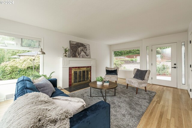 living room featuring hardwood / wood-style flooring and a fireplace