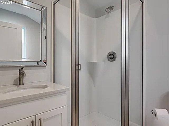 bathroom featuring vanity and walk in shower