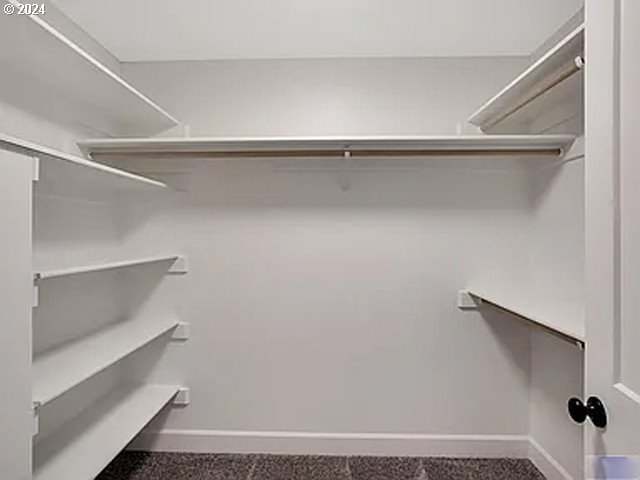 walk in closet with dark carpet