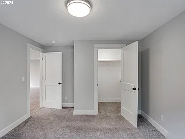 unfurnished bedroom with light carpet, a closet, and a spacious closet