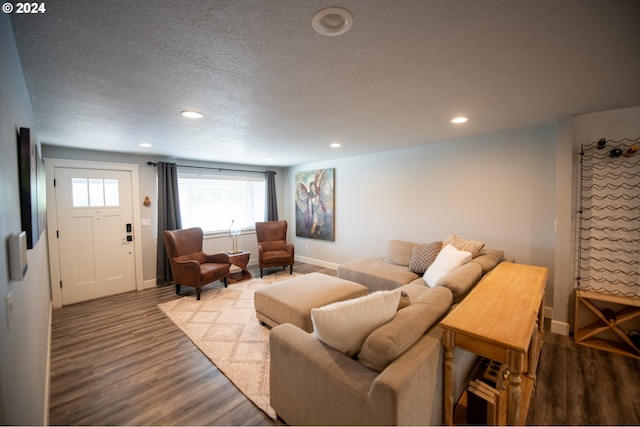 living room featuring hardwood / wood-style floors and a textured ceiling