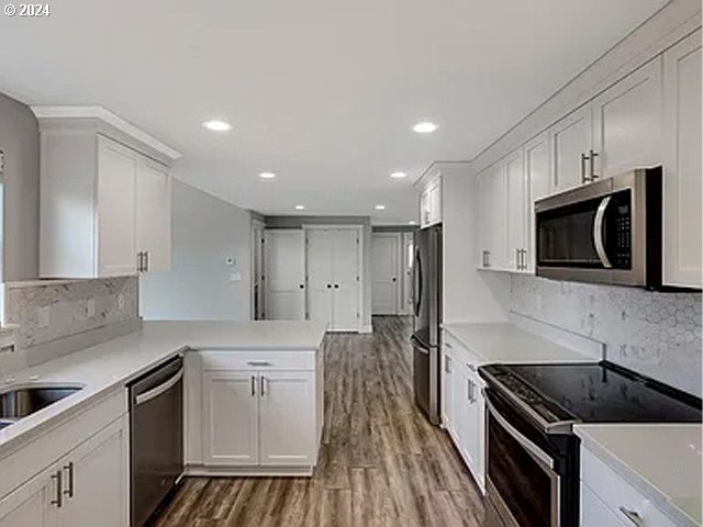 kitchen with white cabinetry, kitchen peninsula, and stainless steel appliances