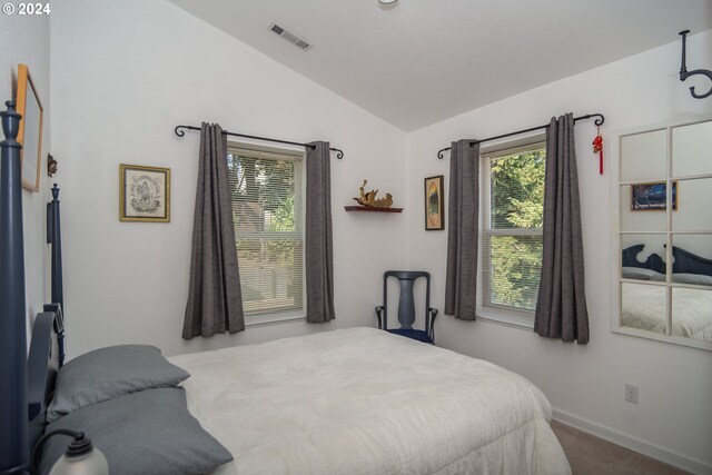 455 Chandler Dr, Roseburg, OR 97471 - bedroom featuring vaulted ceiling, multiple windows, carpet flooring, and baseboards