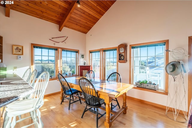 dining space with high vaulted ceiling, beam ceiling, light hardwood / wood-style flooring, and wooden ceiling