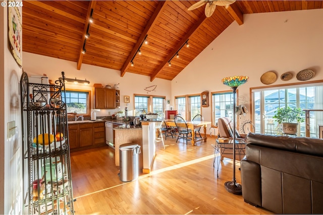 kitchen with wood ceiling, light hardwood / wood-style floors, kitchen peninsula, and beamed ceiling