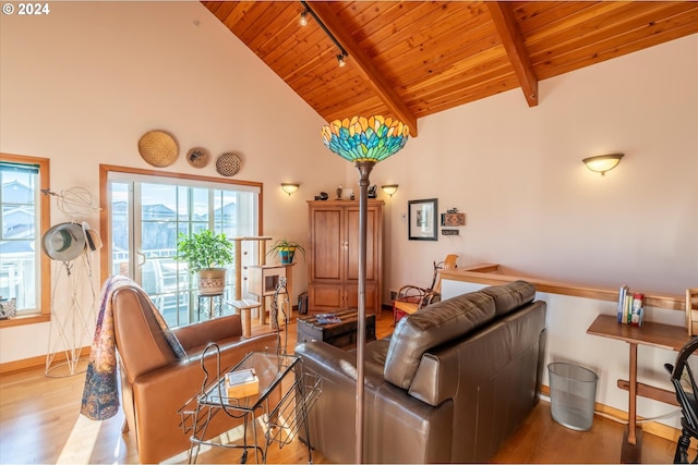 living room with beam ceiling, light hardwood / wood-style floors, rail lighting, and wooden ceiling