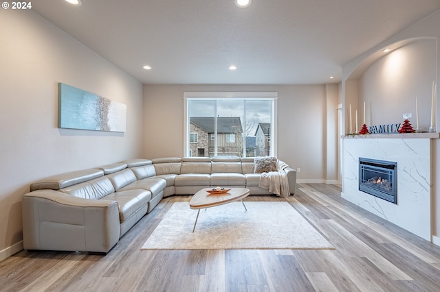 living room with a premium fireplace and light hardwood / wood-style floors