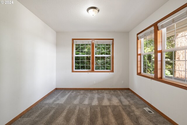 unfurnished room featuring dark carpet