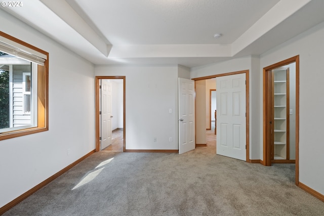 unfurnished bedroom featuring light carpet and a raised ceiling