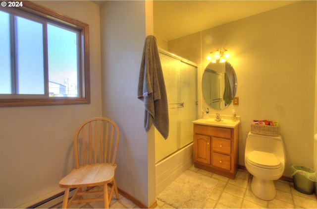 full bathroom with shower / bath combination with glass door, vanity, toilet, and a baseboard heating unit