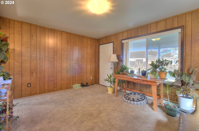 carpeted home office featuring wood walls