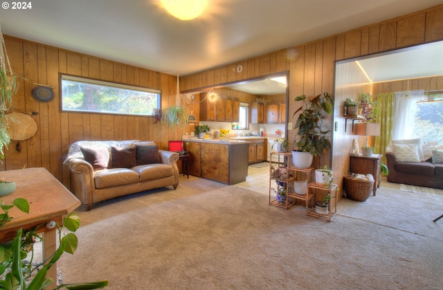 94200 Austin Ct, Gold Beach, OR 97444 - living room featuring wooden walls and light carpet