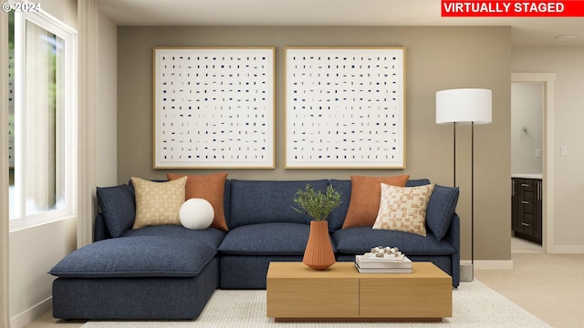 living room featuring light colored carpet