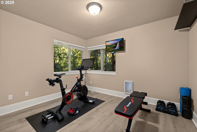 workout area with hardwood / wood-style floors