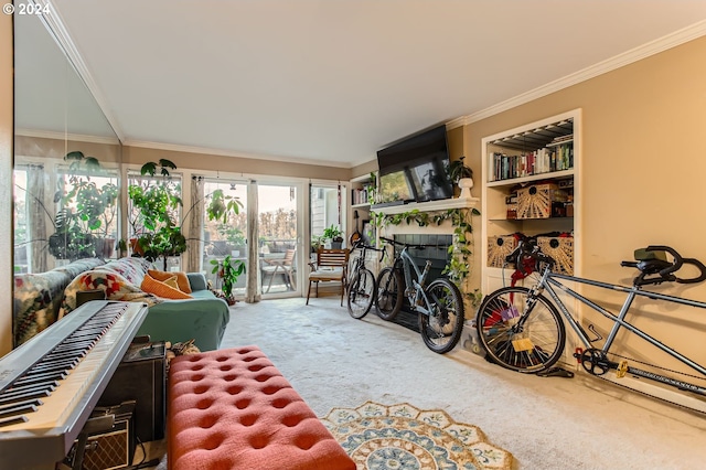 living room with carpet, built in shelves, and crown molding