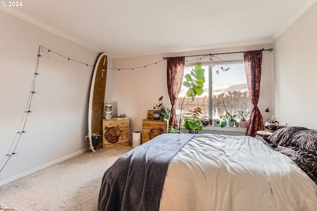 carpeted bedroom with ornamental molding