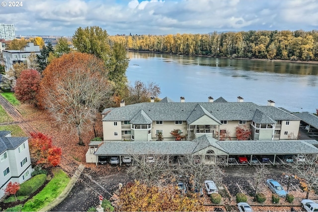 aerial view featuring a water view