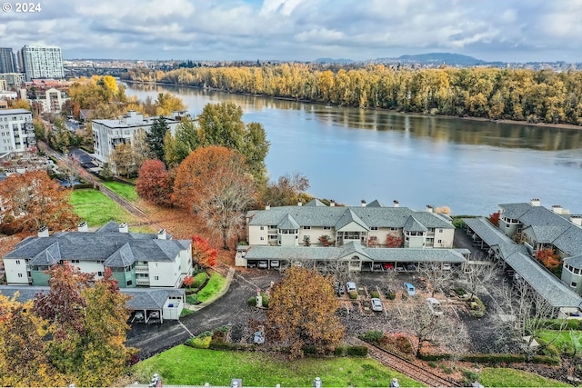 drone / aerial view with a water view