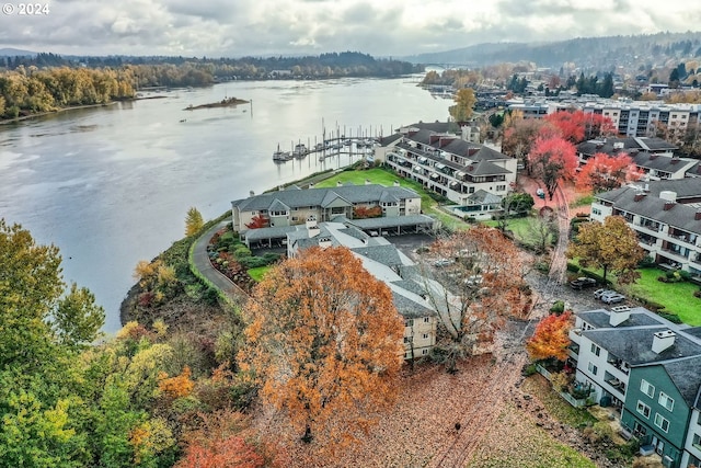 drone / aerial view featuring a water view