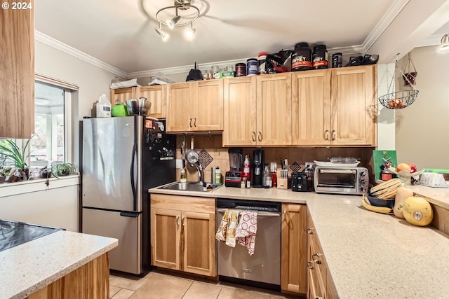 kitchen featuring light stone countertops, sink, stainless steel appliances, light tile patterned floors, and ornamental molding