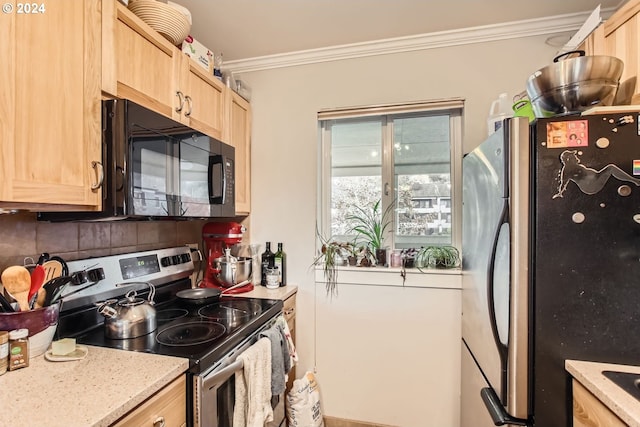 kitchen featuring crown molding, light brown cabinets, light stone countertops, and appliances with stainless steel finishes