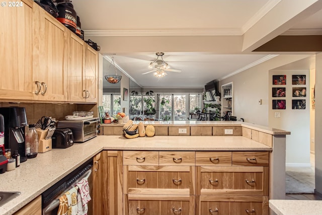 kitchen with kitchen peninsula, dishwasher, ceiling fan, and crown molding