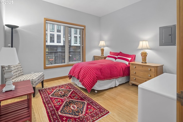 bedroom with hardwood / wood-style flooring and electric panel