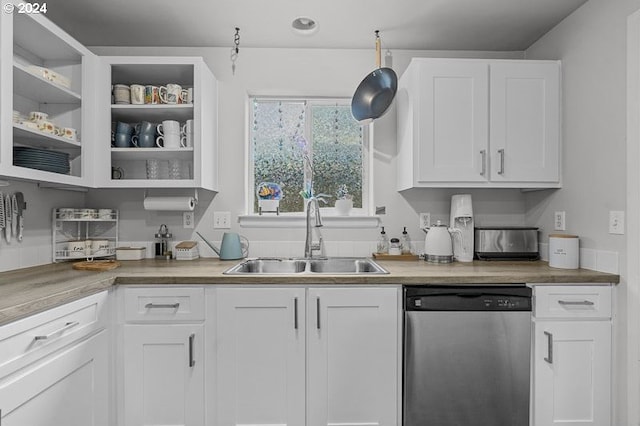 kitchen with dishwasher, white cabinetry, and sink