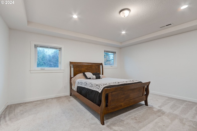 bedroom with a tray ceiling, light colored carpet, and a textured ceiling