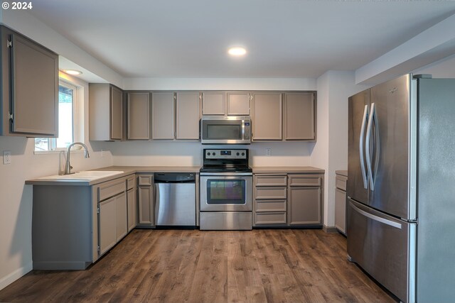 kitchen featuring gray cabinetry, sink, stainless steel appliances, and dark wood-type flooring