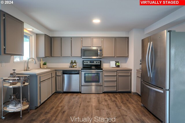 kitchen with gray cabinetry, dark wood-type flooring, and appliances with stainless steel finishes