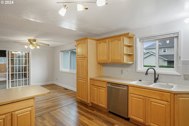 kitchen with tasteful backsplash, dishwasher, dark wood-type flooring, and sink