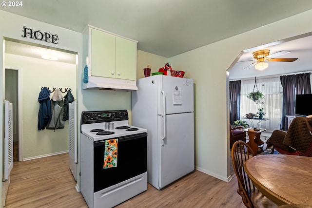 kitchen featuring white cabinets, light wood-type flooring, white appliances, and ceiling fan