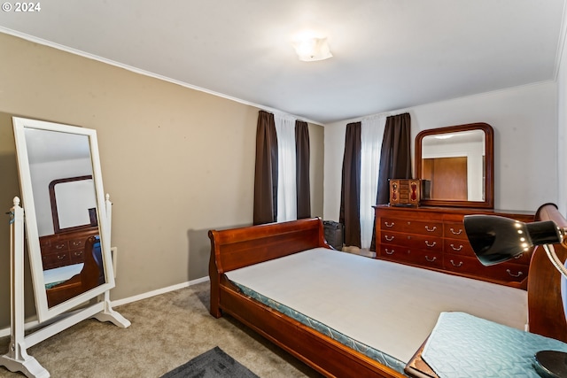 carpeted bedroom with crown molding