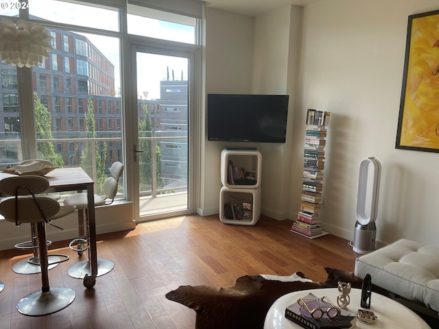 living room with hardwood / wood-style floors and a healthy amount of sunlight