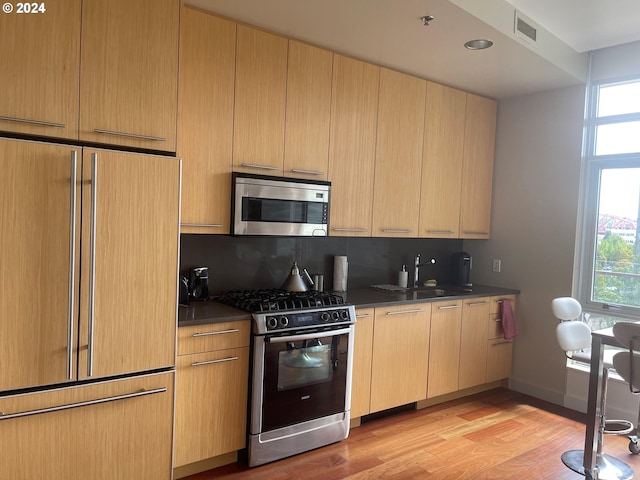 kitchen featuring tasteful backsplash, a healthy amount of sunlight, light wood-type flooring, and appliances with stainless steel finishes