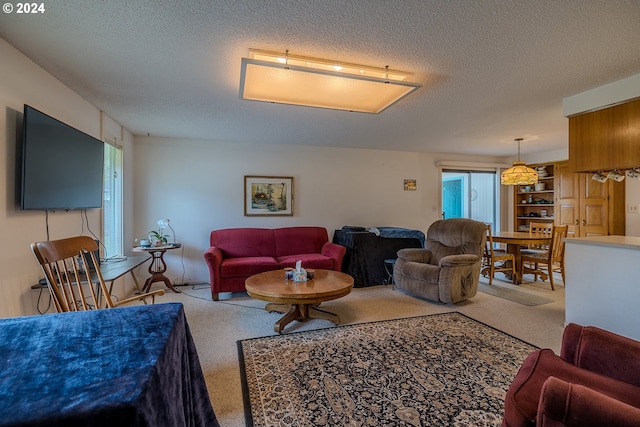 living room with carpet floors, a textured ceiling, and a wealth of natural light