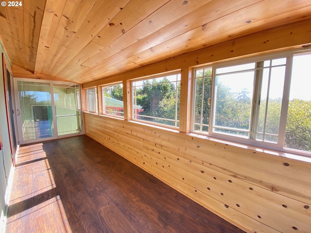 unfurnished sunroom with lofted ceiling and wooden ceiling