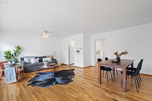 living room with light hardwood / wood-style floors and ceiling fan