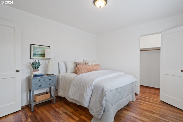 bedroom featuring a spacious closet, light hardwood / wood-style flooring, and a closet