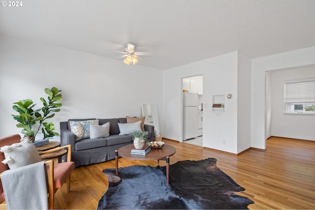 living area featuring light wood-style flooring, baseboards, and a ceiling fan