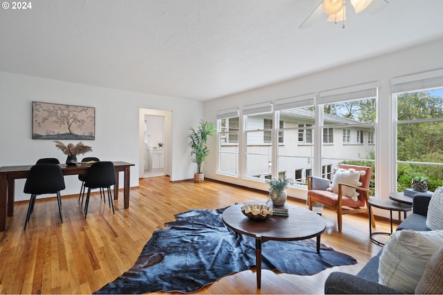 living room with light wood-type flooring, a healthy amount of sunlight, and ceiling fan