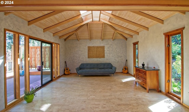 2275 Floral Hill Dr, Eugene, OR 97403 - interior space featuring beamed ceiling, wood ceiling, and high vaulted ceiling