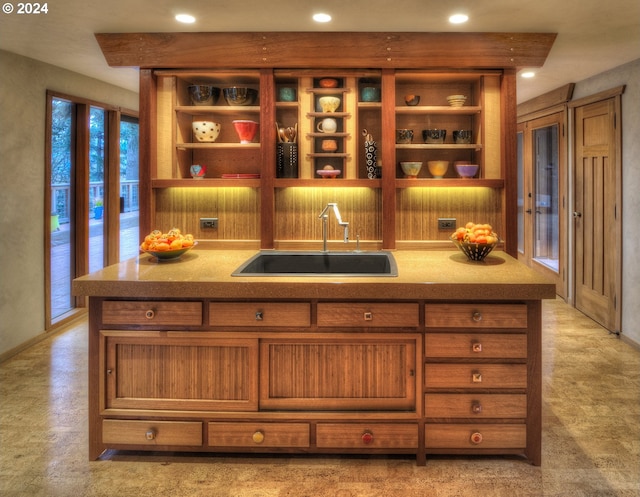 2275 Floral Hill Dr, Eugene, OR 97403 - bar featuring sink and beamed ceiling