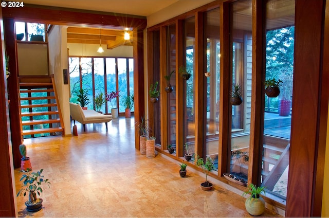 2275 Floral Hill Dr, Eugene, OR 97403 - hallway with a mountain view and beam ceiling