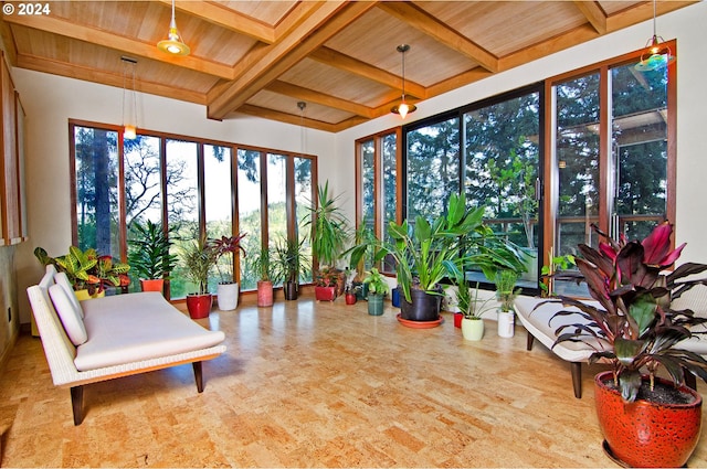 2275 Floral Hill Dr, Eugene, OR 97403 - sunroom featuring beamed ceiling and wooden ceiling