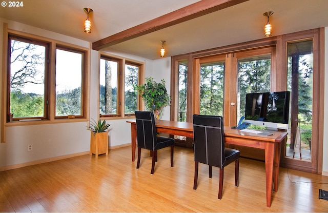 2275 Floral Hill Dr, Eugene, OR 97403 - dining room featuring beamed ceiling and light wood-type flooring
