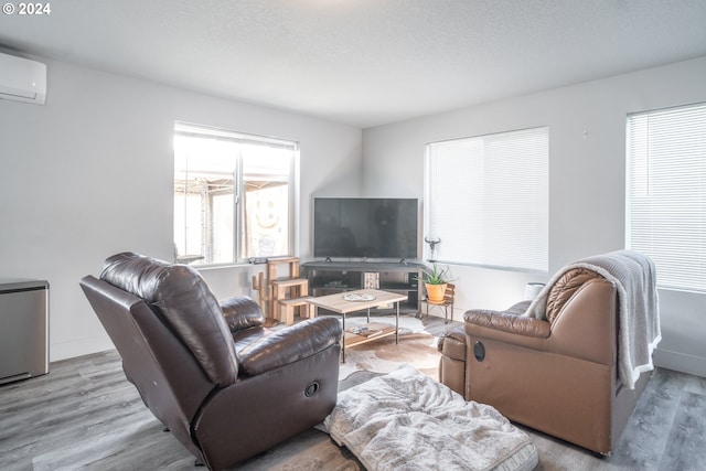 living room featuring a wall unit AC and wood-type flooring