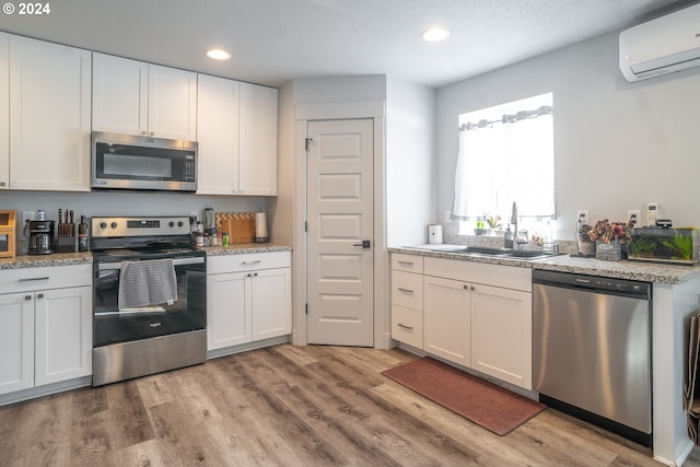 kitchen featuring an AC wall unit, light hardwood / wood-style floors, stainless steel appliances, and sink