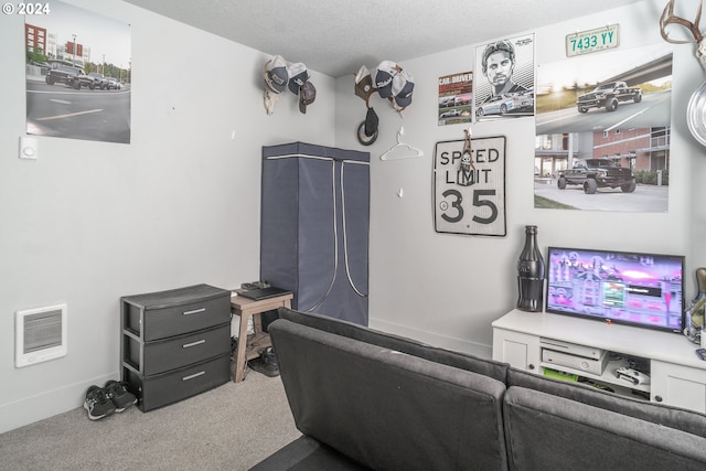 carpeted living room with a textured ceiling